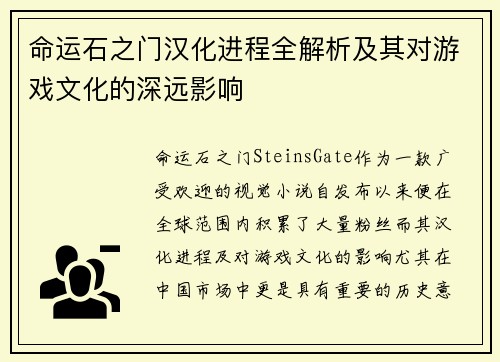 命运石之门汉化进程全解析及其对游戏文化的深远影响