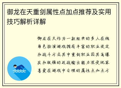 御龙在天重剑属性点加点推荐及实用技巧解析详解